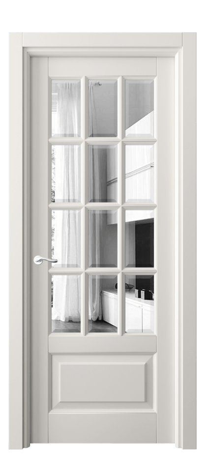 Межкомнатная дверь Лигнум 0728 Матовый пудровый белый Двустороннее зеркало с фацетом, триплекс Цена 124599 ₽ | Volhovec