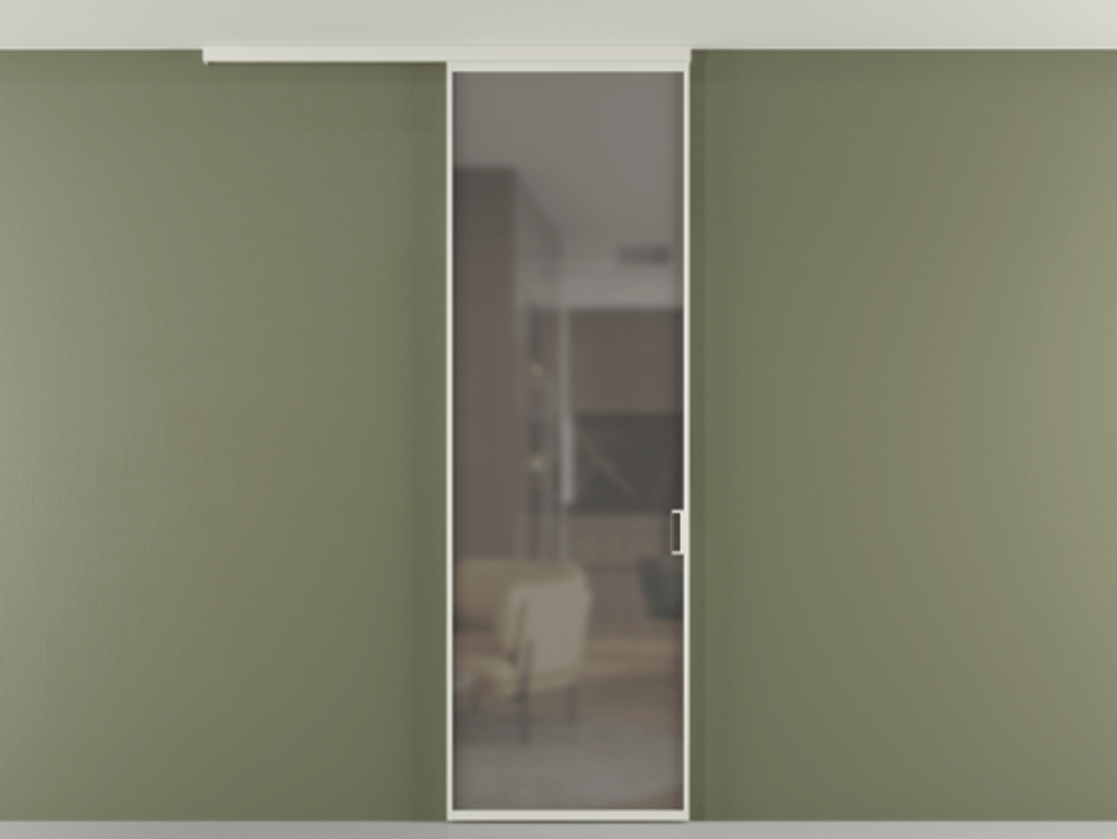 Перегородка Формато вдоль стены на потолок 1 створка АЛПР 040.01 Алюминий Белый Сатинированное серое стекло, триплекс Цена 97790 ₽ | Volhovec