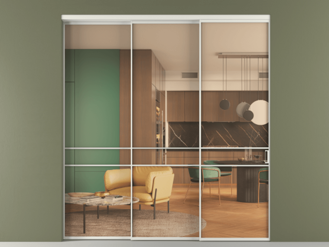 Перегородка Формато внутри проёма 3 створки с синхронным механизмом АЛПР 040.02 Алюминий серый Прозрачное оранжевое стекло, триплекс Цена 344540 ₽  | Volhovec