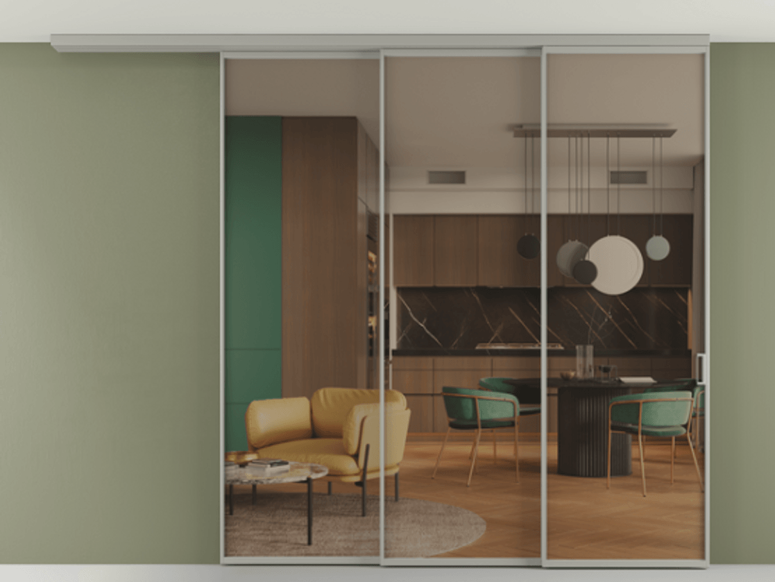 Перегородка Формато вдоль стены на потолок 3 створки с синхронным механизмом АЛПР 040.01 Алюминий нейтральный серый Прозрачное бронзовое стекло, триплекс Цена 428110 ₽ | Volhovec