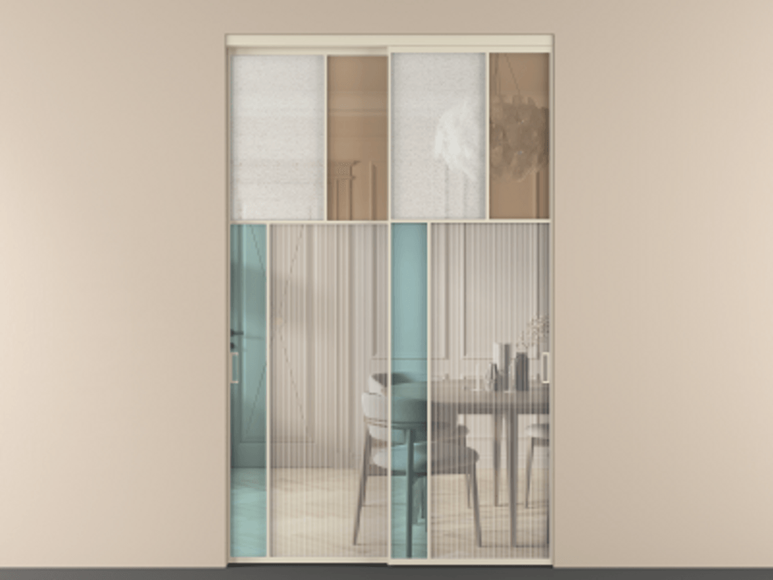 Перегородка Mosaic внутри проёма 2 створки АЛПР 041.22 Алюминий бежево-серый Комбинация стекол Группы 1 и Группы 3 Цена 506160 ₽ | Volhovec