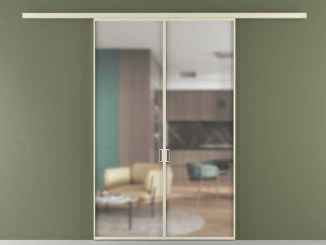 Перегородка Formato вдоль стены 2 створки АЛПР 040.01 Алюминий бежево-серый Сатинированное стекло "Matelux Crystal Vision", калёное, матовое, каленое 6 мм Цена 238200 ₽ | Volhovec