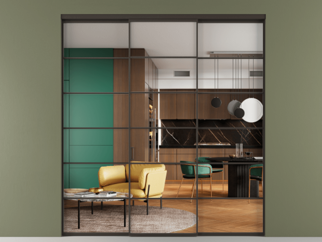 Перегородка Formato внутри проёма 3 створки АЛПР 040.04 Алюминий антрацит Прозрачное стекло "Crystal Vision", калёное Цена 341000 ₽ | Volhovec