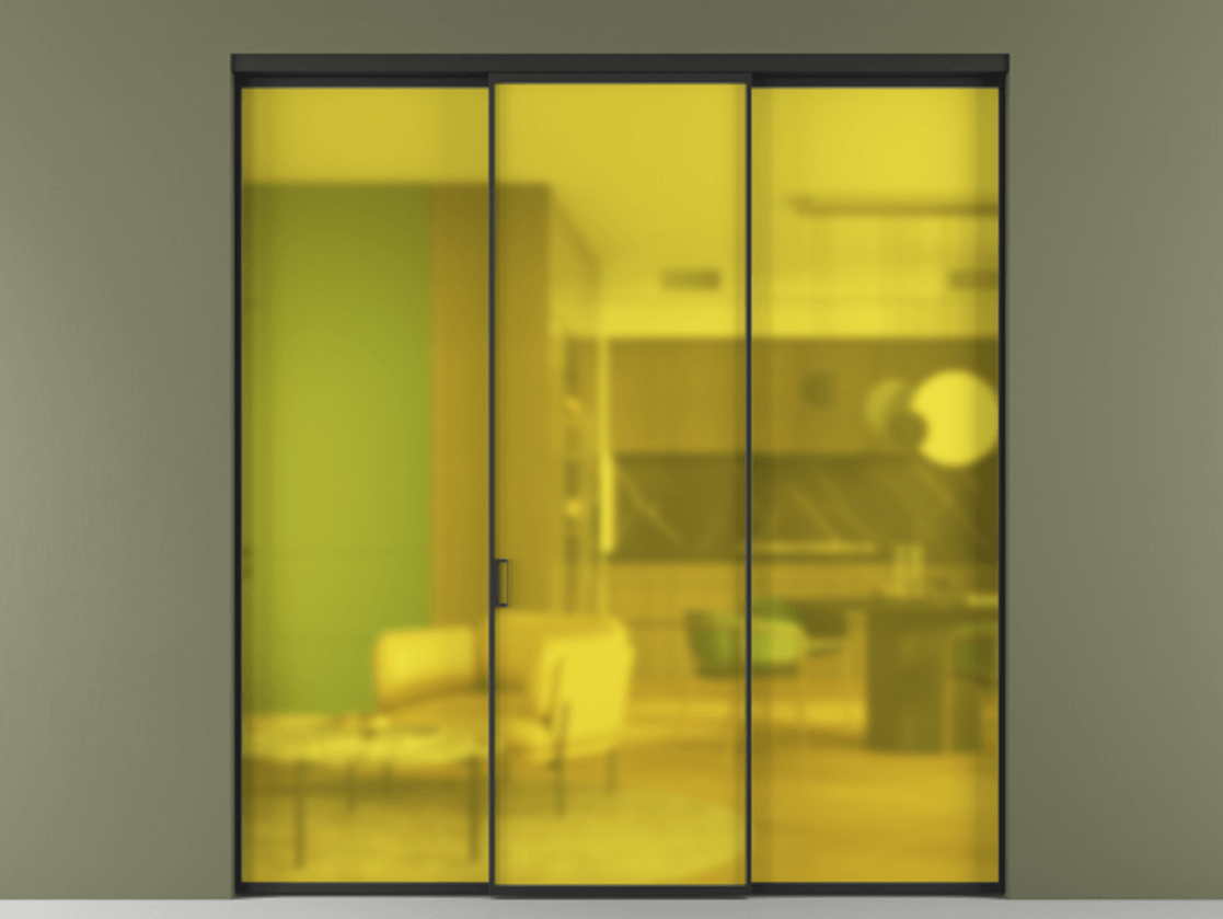 Перегородка Formato внутри проёма 3 створки АЛПР 040.01 Алюминий Черный Сатинированное жёлтое стекло, триплекс Цена 216275 ₽ | Volhovec