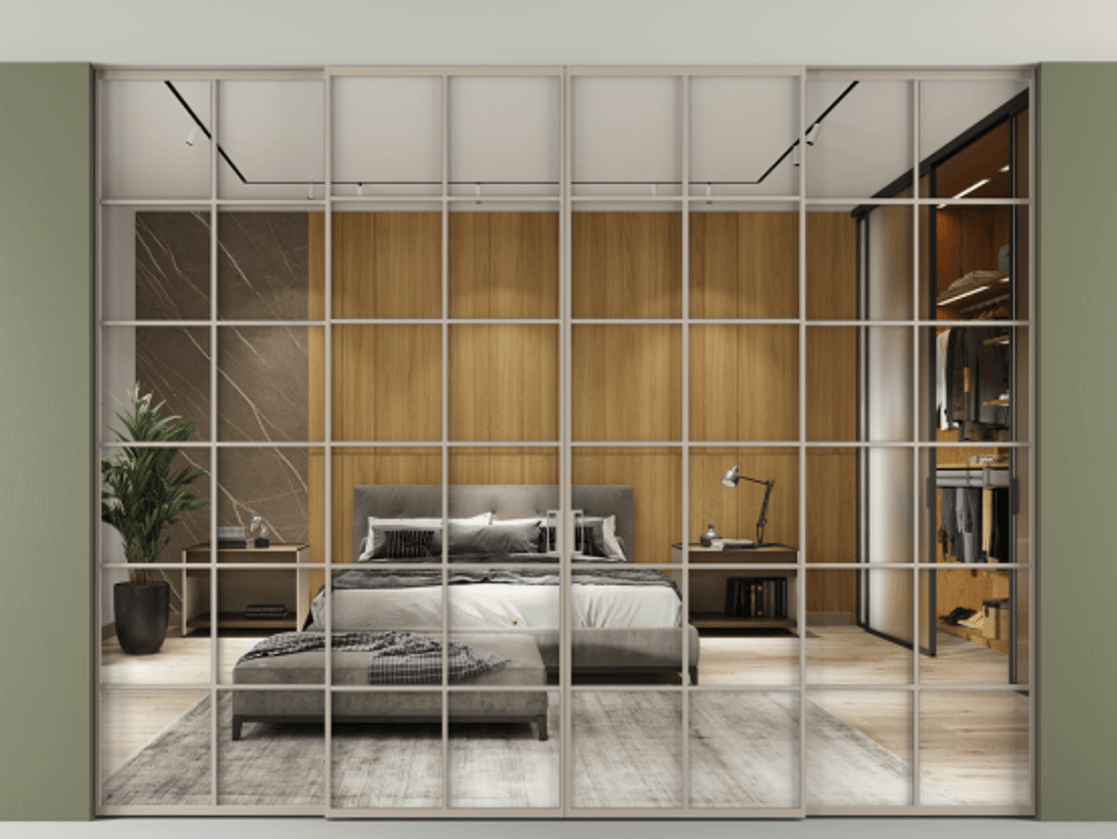 Перегородка Формато внутри проёма скрытое крепление в потолок 4 створки АЛПР 040.05 Алюминий бисквитный Двустороннее зеркало, триплекс , триплекс 6 мм Цена 557460 ₽ | Volhovec