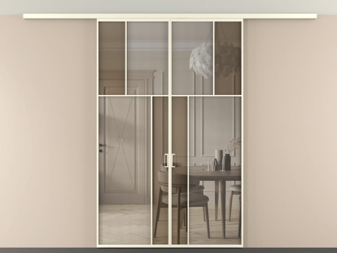 Перегородка Mosaic вдоль стены на потолок двустворчатая АЛПР 041.22 Алюминий молочно-белый Декоративное стекло с сеткой "Mesh silver", триплекс, 6 мм + Прозрачное бронзовое стекло, триплекс, 6 мм Цена 259920 ₽ | Volhovec