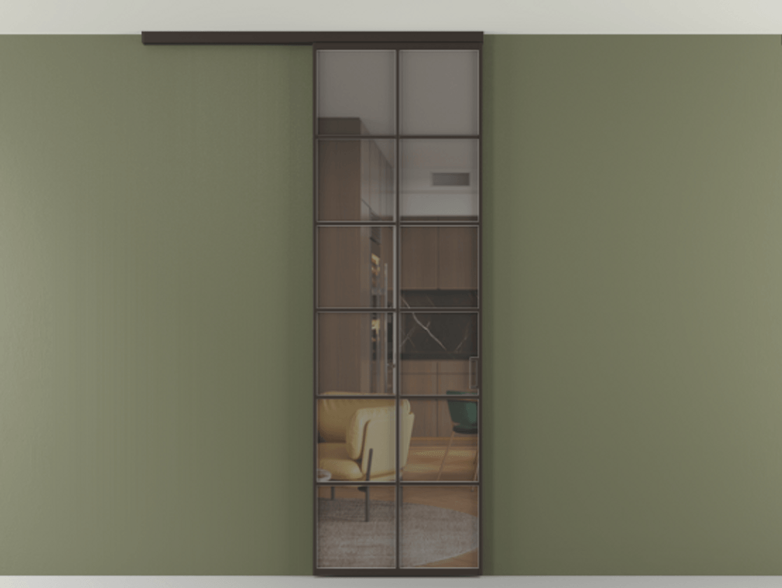 Перегородка Формато вдоль стены на потолок 1 створка АЛПР 040.05 Алюминий антрацит Прозрачное серое стекло, триплекс Цена 107852 ₽ | Volhovec