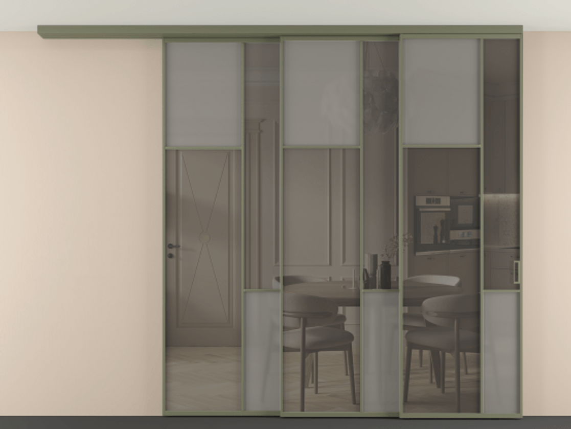 Перегородка Mosaic вдоль стены на потолок 3 створки с синхронным механизмом АЛПР 041.10 Алюминий оливковый тёмный Сатинированное серое стекло, триплекс, 6 мм + Прозрачное серое стекло, триплекс. Цена 498520 ₽ . Фабрика дверей Волховец 8 (800) 551 43 19 Перегородка Mosaic вдоль стены на потолок 3 створки с синхронным механизмом АЛПР 041.10 Алюминий оливковый тёмный Сатинированное серое стекло, триплекс, 6 мм + Прозрачное серое стекло, триплекс Цена 498520 ₽ | Volhovec