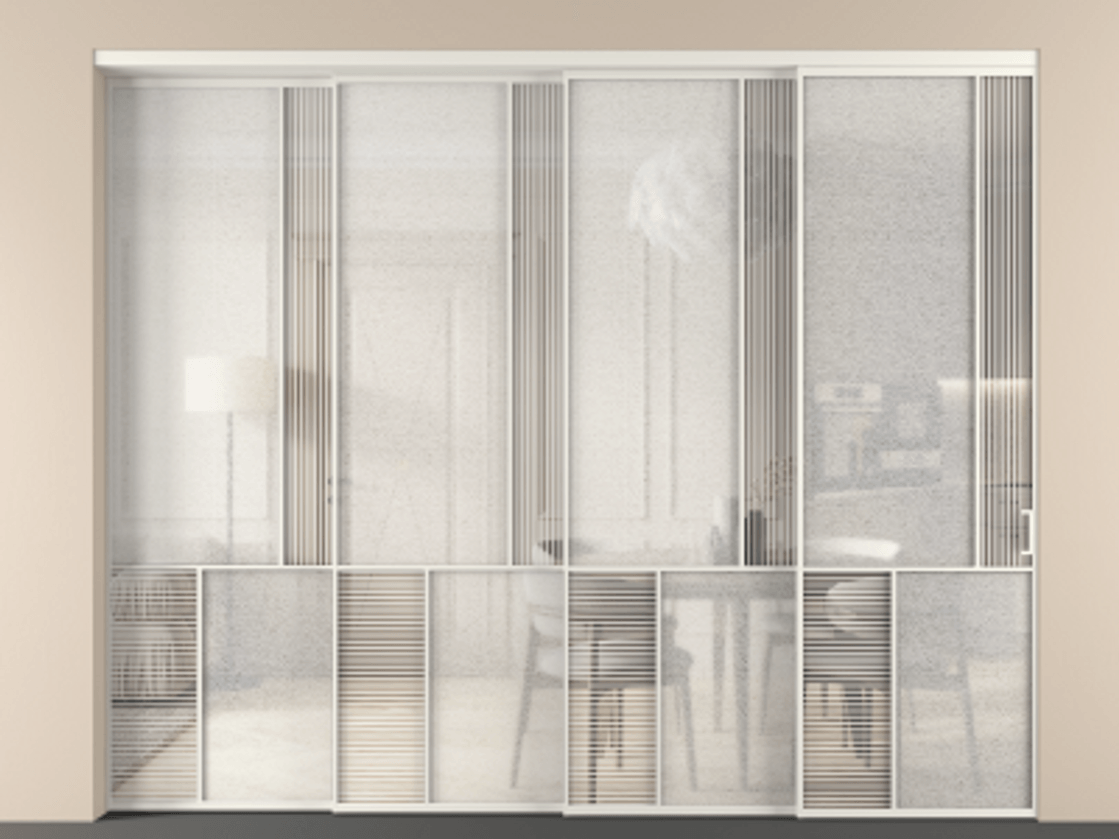 Перегородка Mosaic внутри проёма 4 створки с синхронным механизмом АЛПР 041.21 Алюминий Белый Рифлёное стекло "Дюна", триплекс, 6 мм + Фактурное стекло "Лёд", триплекс. Скрытый короб БЕЛ Цена 592060 ₽ . Фабрика дверей Волховец 8 (800) 551 43 19 Перегородка Mosaic внутри проёма 4 створки с синхронным механизмом АЛПР 041.21 Алюминий Белый Рифлёное стекло "Дюна", триплекс, 6 мм + Фактурное стекло "Лёд", триплекс Цена 592060 ₽ | Volhovec