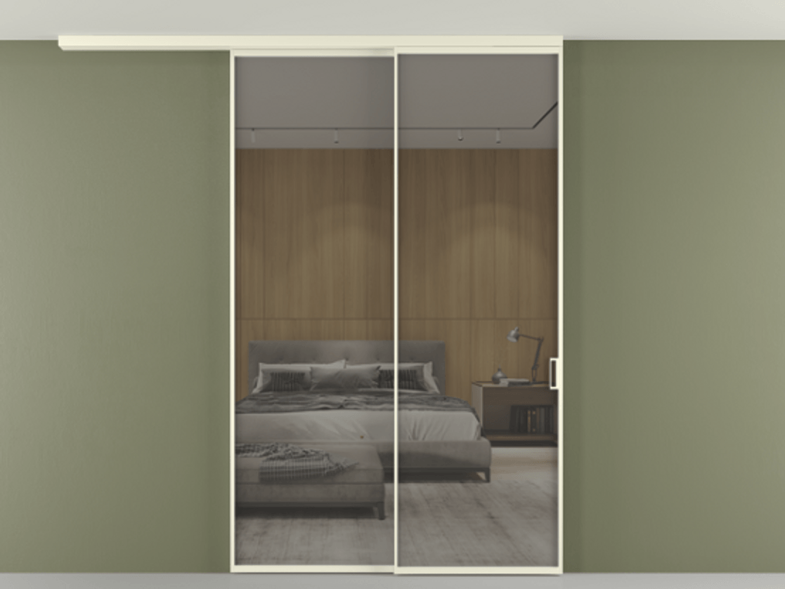 Перегородка Формато вдоль стены на потолок 2 створки с синхронным механизмом АЛПР 040.01 Алюминий молочно-белый Рефлективное серое стекло "Стопсол", калёное Цена 346650 ₽ | Volhovec