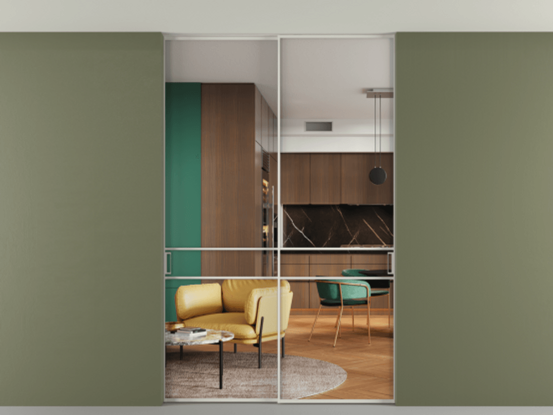 Перегородка Formato внутри проёма скрытое крепление в потолок 2 створки АЛПР 040.02 Алюминий Белый Прозрачное стекло "Crystal Vision", калёное Цена 297600 ₽ | Volhovec