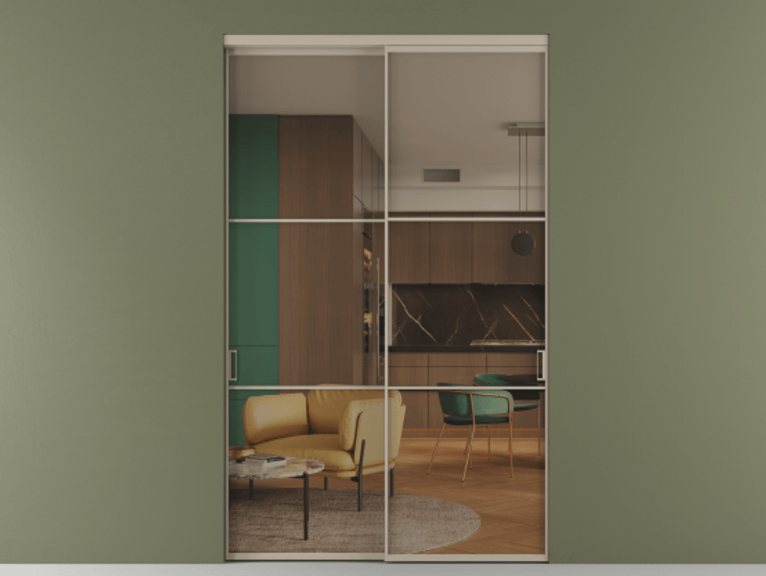 Перегородка Formato внутри проёма двустворчатая АЛПР 040.03 Алюминий бисквитный Прозрачное бронзовое стекло, триплекс, 6 мм Цена 197100 ₽  | Volhovec