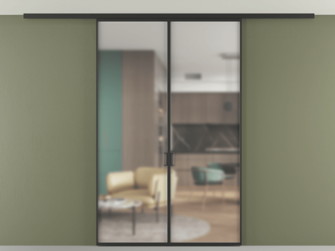 Перегородка Формато вдоль стены на потолок 2 створки АЛПР 040.01 Алюминий Черный Сатинированное стекло "Мателюкс Кристал Вижн", калёное, матовое, каленое 6 мм Цена 223460 ₽ | Volhovec