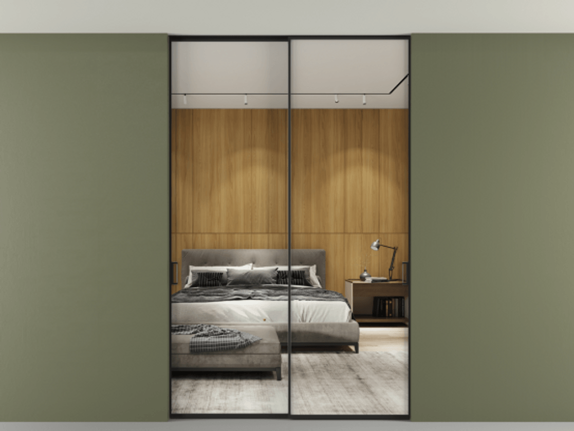 Перегородка Формато внутри проёма скрытое крепление в потолок 2 створки АЛПР 040.01 Алюминий Черный Двустороннее зеркало, триплекс , триплекс 6 мм Цена 257060 ₽ | Volhovec