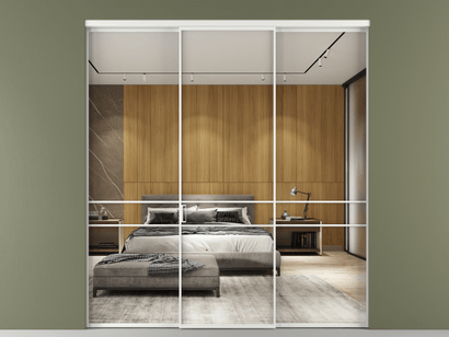 Алюминевая перегородка АЛПР 040.02_АБЛ_Зеркало триплекс_new. Цвет Алюминий белоснежный. Материал Алюминий в эмали. Коллекция Перегородка Formato внутри проёма трёхстворчатая. Картинка.