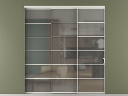 Алюминевая перегородка АЛПР 040.04_АСР_Серый сатин триплекс_new. Цвет Алюминий серый. Материал Алюминий в эмали. Коллекция Перегородка Formato внутри проёма телескопик синхро 2. Картинка.