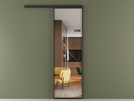 Алюминевая перегородка vd1_01 Crystalvision ЧЕР. Цвет Алюминий Черный. Материал Алюминий. Коллекция New Перегородка Formato вдоль стены 1 створка. Картинка.