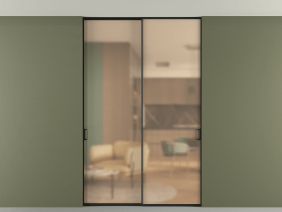 Алюминевая перегородка АЛПР 040.01_ЧРН_САТ ОРАНЖ_new. Цвет Алюминий Черный. Материал Алюминий. Коллекция Перегородка Formato внутри проёма скрытое крепление в потолок 2 створки. Картинка.