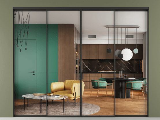 Алюминевая перегородка vn2+2_01 Crystalvision ЧЕР. Цвет Алюминий Черный. Материал Алюминий. Коллекция New Перегородка Formato внутри проёма 4 створки. Картинка.