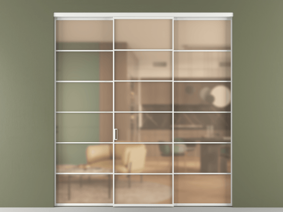 Алюминевая перегородка АЛПР 040.04_АБЛ_САТ ОРАНЖ_new. Цвет Алюминий белоснежный. Материал Алюминий в эмали. Коллекция Перегородка Formato внутри проёма 3 створки. Картинка.