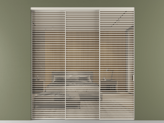 Алюминевая перегородка АЛПР 040.07_АОС_Stopsol Bronze_new. Цвет Алюминий облачно-серый. Материал Алюминий в эмали. Коллекция Перегородка Формато внутри проёма 3 створки с синхронным механизмом. Картинка.