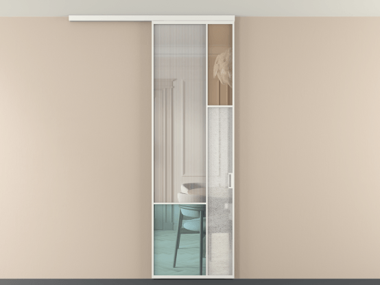 Алюминевая перегородка vdp1_8 Алюминий светло-серый Четыре стекла. Цвет Алюминий светло-серый. Материал Алюминий в эмали. Коллекция Перегородка Mosaic вдоль стены на потолок 1 створка. Картинка.