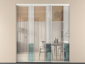 Алюминевая перегородка vnt3_7 Алюминий светло-серый Четыре стекла. Цвет Алюминий светло-серый. Материал Алюминий в эмали. Коллекция Перегородка Mosaic внутри проёма 3 створки с синхронным механизмом. Картинка.