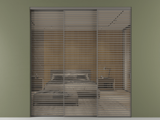 Алюминевая перегородка АЛПР 040.07_АКЛС_Stopsol Bronze_new. Цвет Алюминий классический серый. Материал Алюминий в эмали. Коллекция Перегородка Формато внутри проёма 3 створки с синхронным механизмом. Картинка.