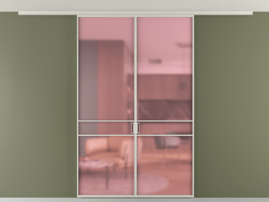 Алюминевая перегородка vd2_02 Алюминий тёплый серый Сатинированное розовое стекло, триплекс, 6мм. Цвет Алюминий тёплый серый. Материал Алюминий в эмали. Коллекция Перегородка Formato вдоль стены на потолок 2 створки. Картинка.