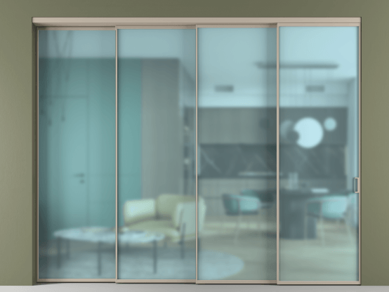 Алюминевая перегородка АЛПР 040.01_АБСК_САТ ГОЛ_new. Цвет Алюминий бисквитный. Материал Алюминий в эмали. Коллекция Перегородка Формато внутри проёма 4 створки с синхронным механизмом. Картинка.