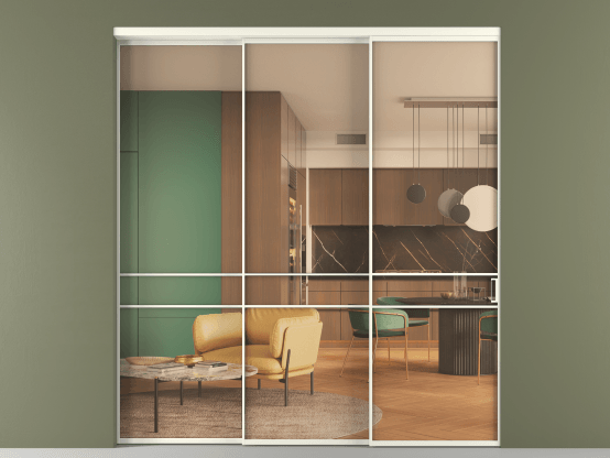 Алюминевая перегородка АЛПР 040.02_АЖМ_ПРОЗ ОРАНЖ_new. Цвет Алюминий жемчужный. Материал Алюминий в эмали. Коллекция Перегородка Формато внутри проёма 3 створки с синхронным механизмом. Картинка.