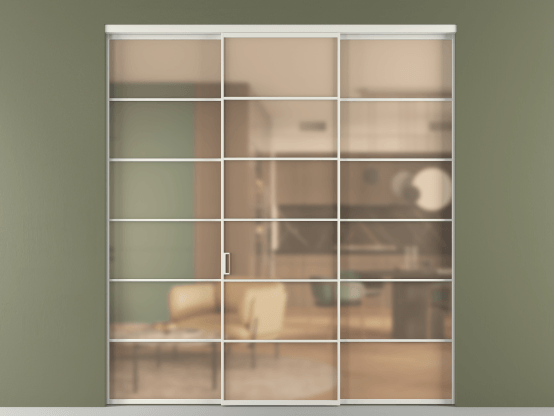 Алюминевая перегородка АЛПР 040.04_АСР_САТ ОРАНЖ_new. Цвет Алюминий серый. Материал Алюминий в эмали. Коллекция Перегородка Formato внутри проёма 3 створки. Картинка.