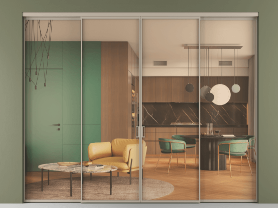 Алюминевая перегородка АЛПР 040.01_АБСК_ПРОЗ ОРАНЖ_new. Цвет Алюминий бисквитный. Материал Алюминий в эмали. Коллекция Перегородка Формато внутри проёма 4 створки. Картинка.