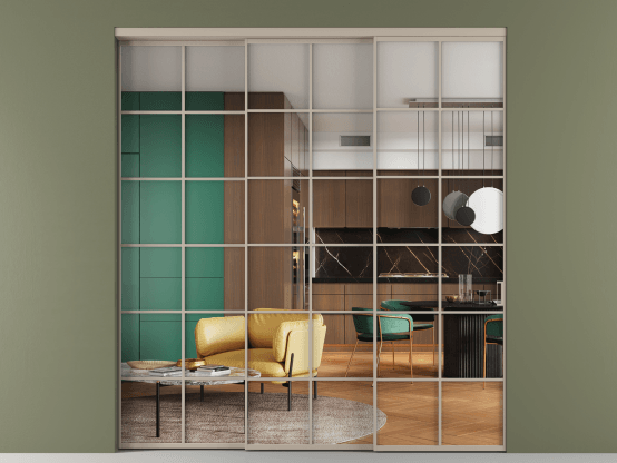 Алюминевая перегородка АЛПР 040.05_АБСК_Crystalvision_new. Цвет Алюминий бисквитный. Материал Алюминий в эмали. Коллекция Перегородка Formato внутри проёма 3 створки с синхронным механизмом. Картинка.